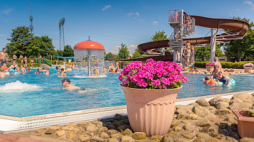 belebtes Schwimmbecken mit Badegästen